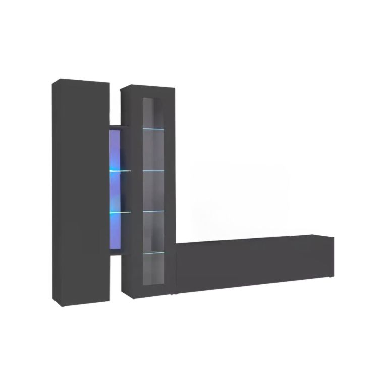 Parete attrezzata Dimitri, Set salotto porta TV a 3 ante, Mobile soggiorno multiuso con vetrina e luce LED, 100% Made in Italy, cm 280x30h180, Antracite