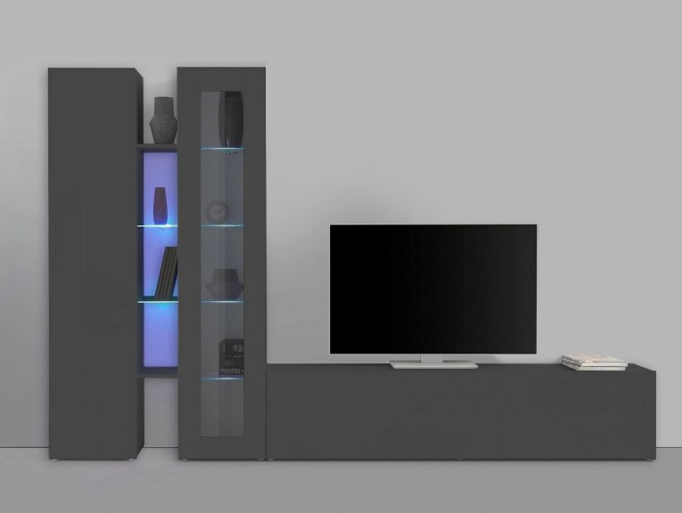 Parete attrezzata Dimitri, Set salotto porta TV a 3 ante, Mobile soggiorno multiuso con vetrina e luce LED, 100% Made in Italy, cm 280x30h180, Antracite