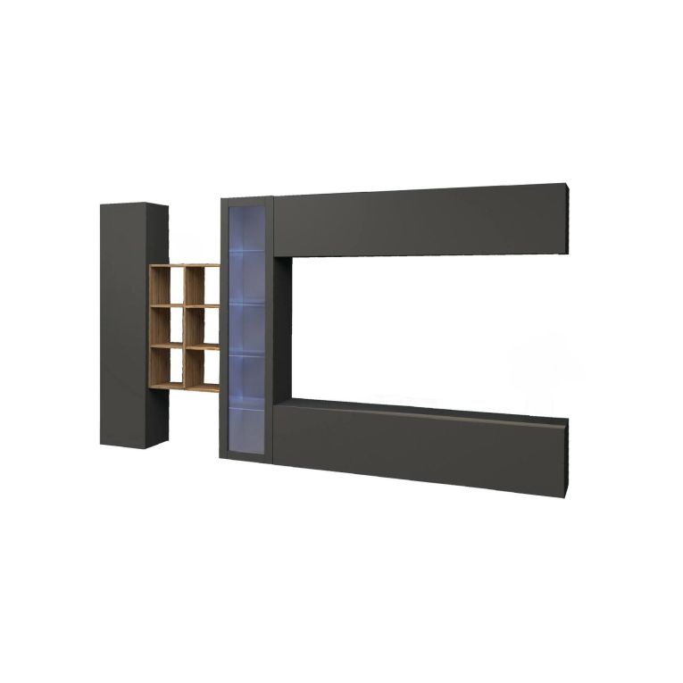 Parete attrezzata Dino, Set salotto porta TV a 4 ante, Mobile soggiorno multiuso con vetrina e luce LED, 100% Made in Italy, cm 280x30h180, Antracite e Acero