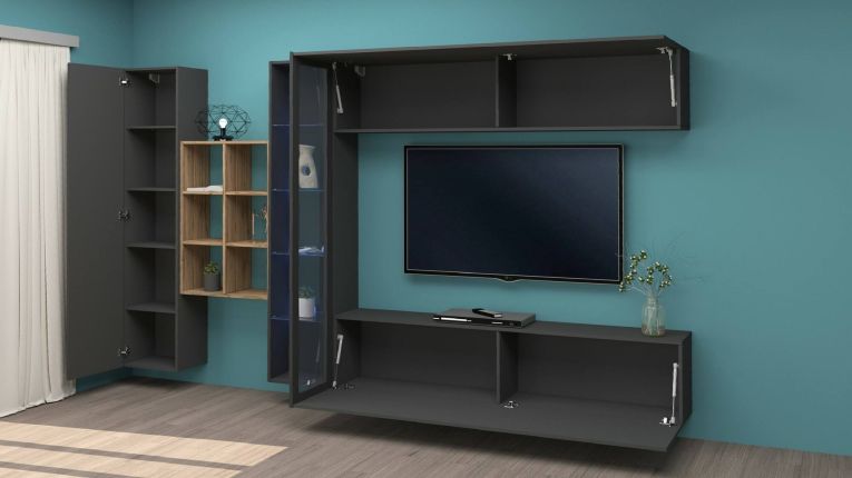 Parete attrezzata Dino, Set salotto porta TV a 4 ante, Mobile soggiorno multiuso con vetrina e luce LED, 100% Made in Italy, cm 280x30h180, Antracite e Acero