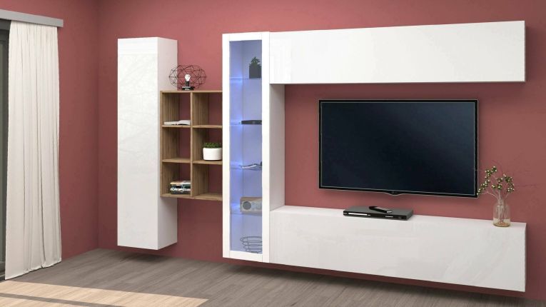 Parete attrezzata Dino, Set salotto porta TV a 4 ante, Mobile soggiorno multiuso con vetrina e luce LED, 100% Made in Italy, cm 280x30h180, Bianco lucido e Acero
