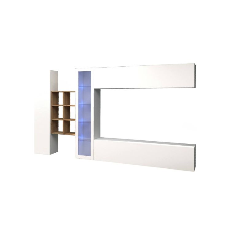 Parete attrezzata Dino, Set salotto porta TV a 4 ante, Mobile soggiorno multiuso con vetrina e luce LED, 100% Made in Italy, cm 280x30h180, Bianco lucido e Acero