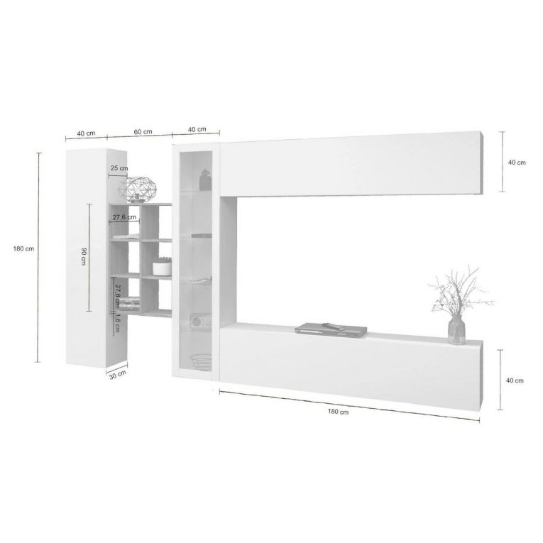 Parete attrezzata Dino, Set salotto porta TV a 4 ante, Mobile soggiorno multiuso con vetrina e luce LED, 100% Made in Italy, cm 280x30h180, Bianco lucido e Acero