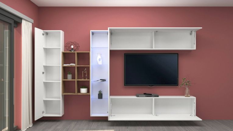 Parete attrezzata Dino, Set salotto porta TV a 4 ante, Mobile soggiorno multiuso con vetrina e luce LED, 100% Made in Italy, cm 280x30h180, Bianco lucido e Acero