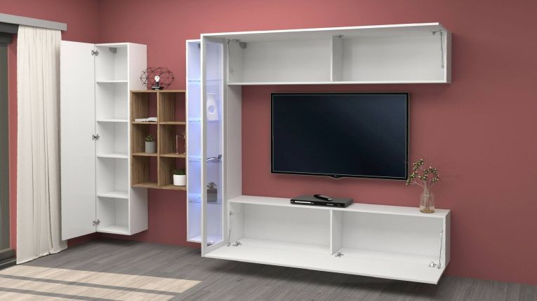 Parete attrezzata Dino, Set salotto porta TV a 4 ante, Mobile soggiorno multiuso con vetrina e luce LED, 100% Made in Italy, cm 280x30h180, Bianco lucido e Acero