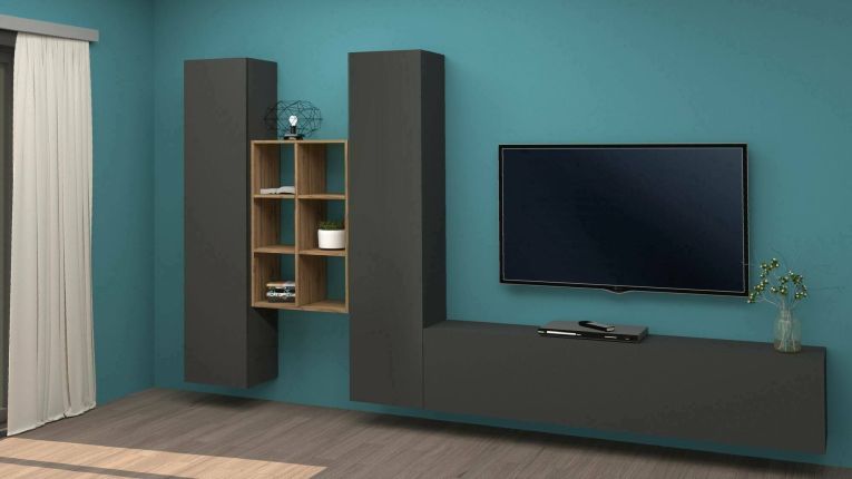 Parete attrezzata Emiliano, Set salotto porta TV a 3 ante, Mobile soggiorno multiuso, 100% Made in Italy, cm 320x30h180, Antracite e Acero
