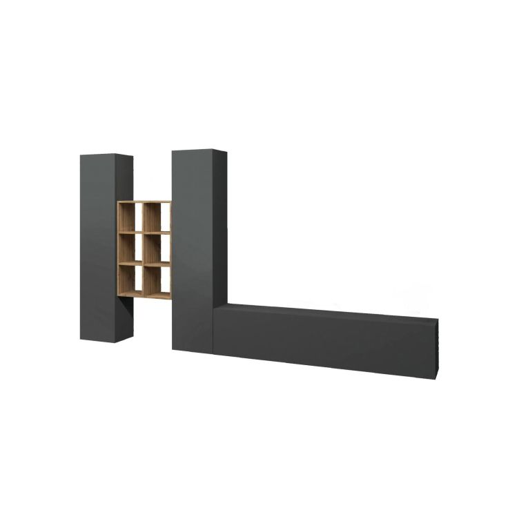 Parete attrezzata Emiliano, Set salotto porta TV a 3 ante, Mobile soggiorno multiuso, 100% Made in Italy, cm 320x30h180, Antracite e Acero