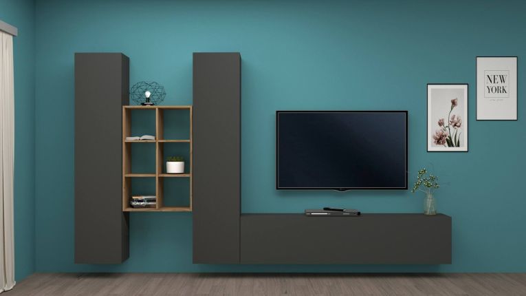 Parete attrezzata Emiliano, Set salotto porta TV a 3 ante, Mobile soggiorno multiuso, 100% Made in Italy, cm 320x30h180, Antracite e Acero