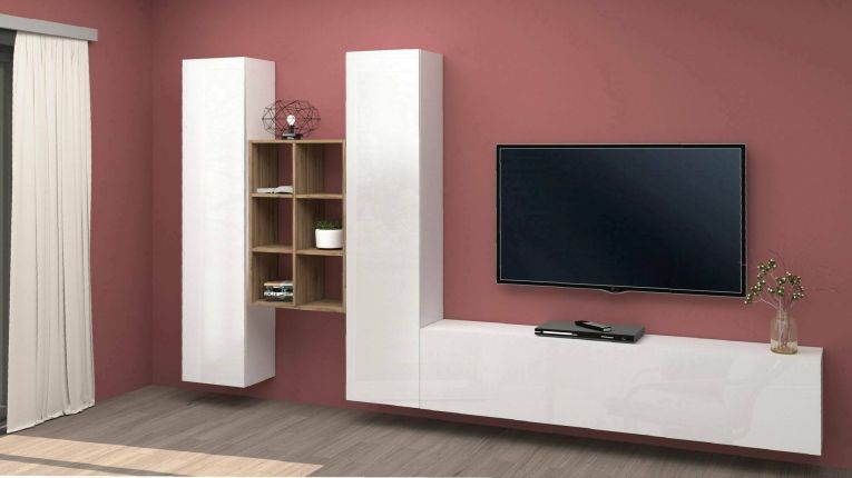 Parete attrezzata Emiliano, Set salotto porta TV a 3 ante, Mobile soggiorno multiuso, 100% Made in Italy, cm 320x30h180, Bianco lucido e Acero