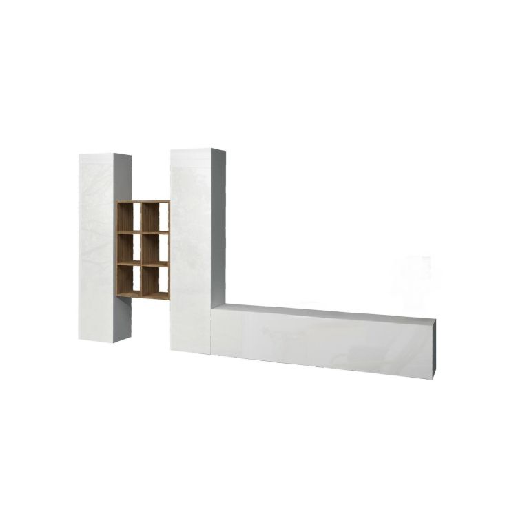 Parete attrezzata Emiliano, Set salotto porta TV a 3 ante, Mobile soggiorno multiuso, 100% Made in Italy, cm 320x30h180, Bianco lucido e Acero