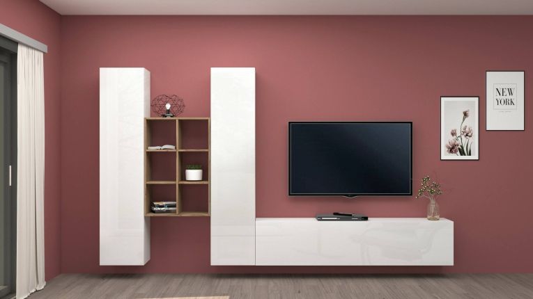 Parete attrezzata Emiliano, Set salotto porta TV a 3 ante, Mobile soggiorno multiuso, 100% Made in Italy, cm 320x30h180, Bianco lucido e Acero