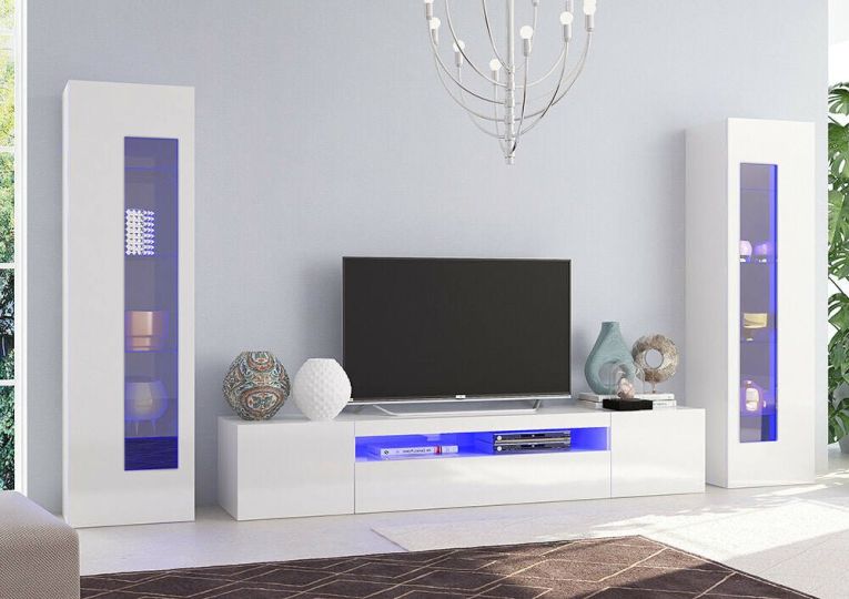 Parete attrezzata Enzo, Set salotto porta TV, Mobile soggiorno multiuso, 100% Made in Italy, cm 290x40h162, Bianco lucido