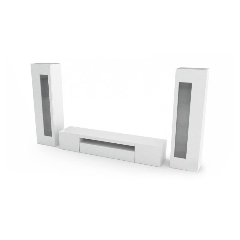 Parete attrezzata Enzo, Set salotto porta TV, Mobile soggiorno multiuso, 100% Made in Italy, cm 290x40h162, Bianco lucido