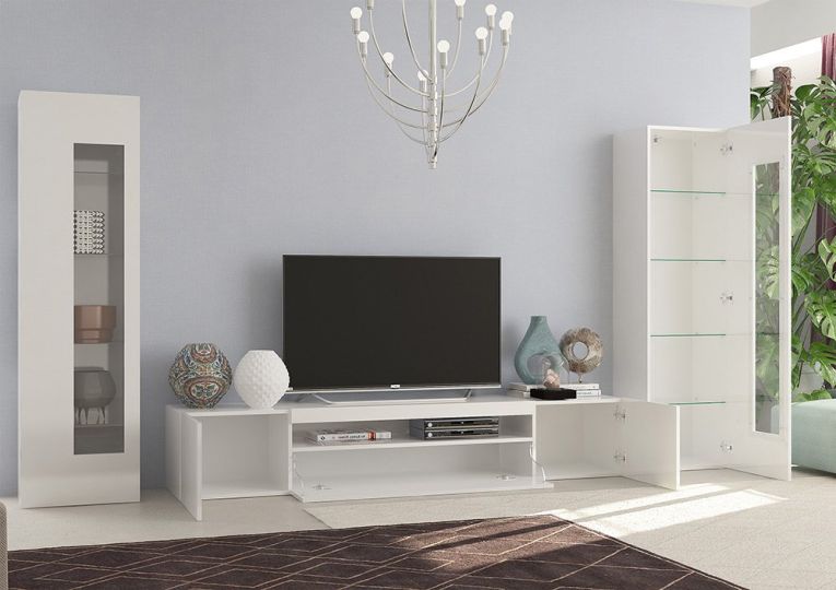 Parete attrezzata Enzo, Set salotto porta TV, Mobile soggiorno multiuso, 100% Made in Italy, cm 290x40h162, Bianco lucido