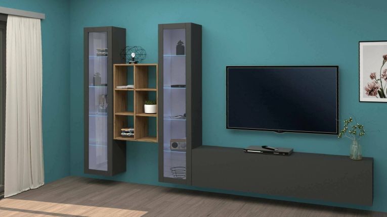 Parete attrezzata Eros, Set salotto porta TV a 3 ante, Mobile soggiorno multiuso con vetrina e luce LED, 100% Made in Italy, cm 320x30h180, Antracite
