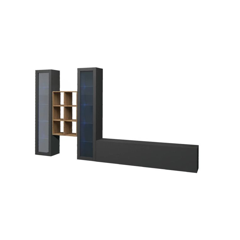 Parete attrezzata Eros, Set salotto porta TV a 3 ante, Mobile soggiorno multiuso con vetrina e luce LED, 100% Made in Italy, cm 320x30h180, Antracite