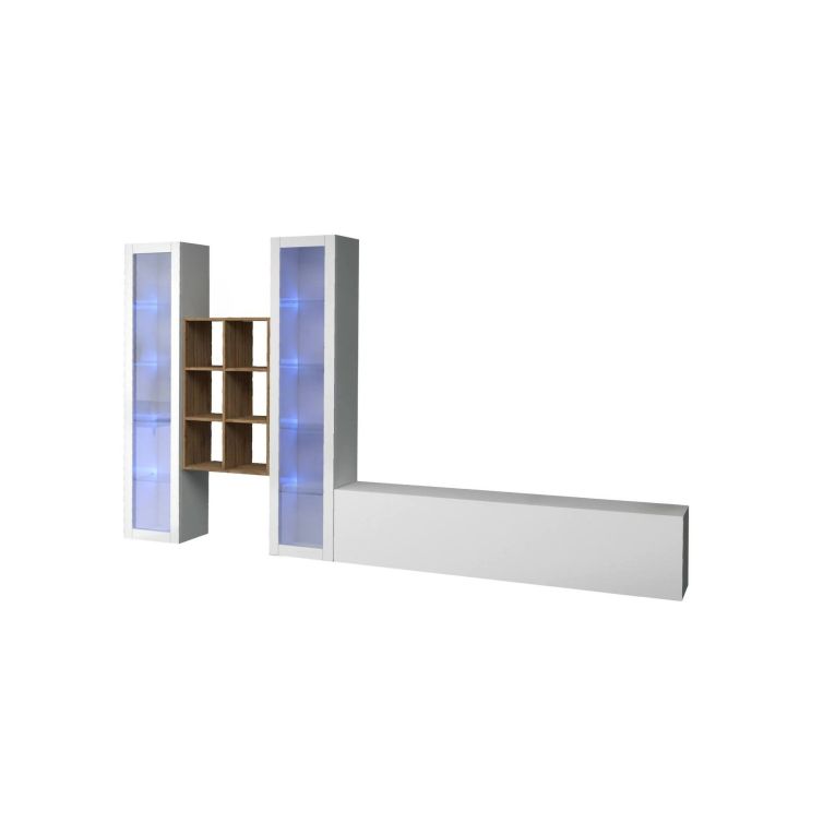 Parete attrezzata Eros, Set salotto porta TV a 3 ante, Mobile soggiorno multiuso con vetrina e luce LED, 100% Made in Italy, cm 320x30h180, Bianco lucido