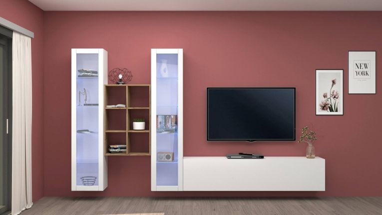 Parete attrezzata Eros, Set salotto porta TV a 3 ante, Mobile soggiorno multiuso con vetrina e luce LED, 100% Made in Italy, cm 320x30h180, Bianco lucido
