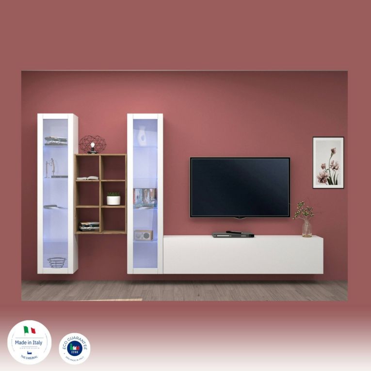 Parete attrezzata Eros, Set salotto porta TV a 3 ante, Mobile soggiorno multiuso con vetrina e luce LED, 100% Made in Italy, cm 320x30h180, Bianco lucido