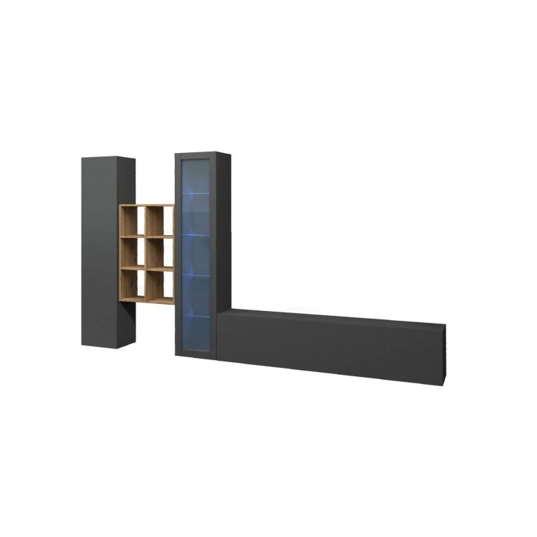 Parete attrezzata Eugenio, Set salotto porta TV a 3 ante, Mobile soggiorno multiuso con vetrina e luce LED, 100% Made in Italy, cm 320x30h180, Antracite