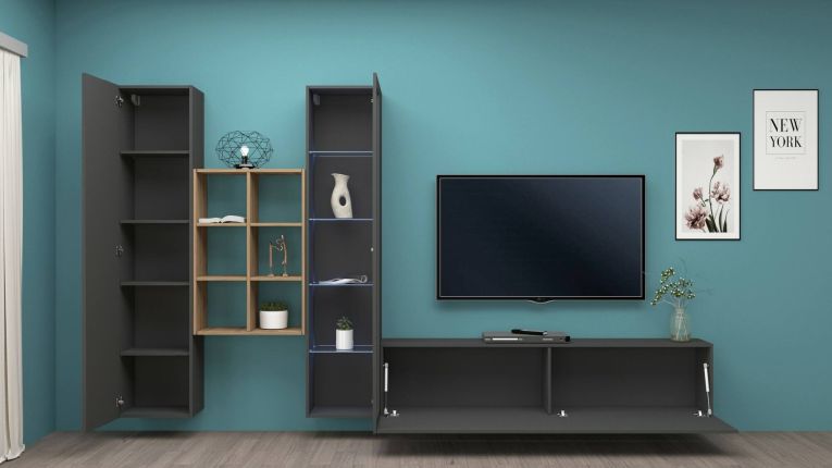 Parete attrezzata Eugenio, Set salotto porta TV a 3 ante, Mobile soggiorno multiuso con vetrina e luce LED, 100% Made in Italy, cm 320x30h180, Antracite