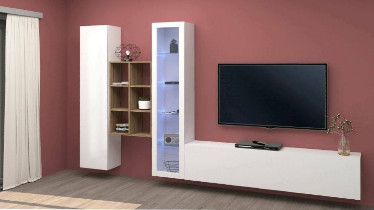 Parete attrezzata Eugenio, Set salotto porta TV a 3 ante, Mobile soggiorno multiuso con vetrina e luce LED, 100% Made in Italy, cm 320x30h180, Bianco lucido