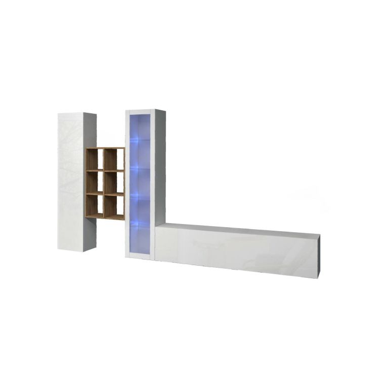 Parete attrezzata Eugenio, Set salotto porta TV a 3 ante, Mobile soggiorno multiuso con vetrina e luce LED, 100% Made in Italy, cm 320x30h180, Bianco lucido