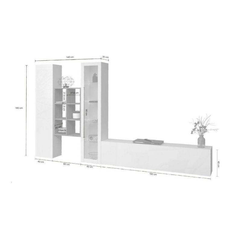 Parete attrezzata Eugenio, Set salotto porta TV a 3 ante, Mobile soggiorno multiuso con vetrina e luce LED, 100% Made in Italy, cm 320x30h180, Bianco lucido
