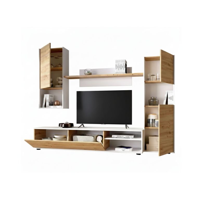 Parete attrezzata Foraker, Set da soggiorno porta TV, Mobile salotto multiuso, 220x41h180 cm, Rovere Nodi e Bianco