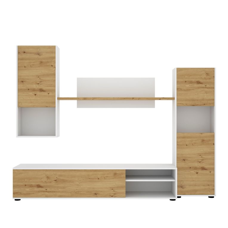 Parete attrezzata Foraker, Set da soggiorno porta TV, Mobile salotto multiuso, 220x41h180 cm, Rovere Nodi e Bianco