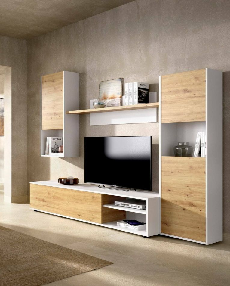 Parete attrezzata Foraker, Set da soggiorno porta TV, Mobile salotto multiuso, 220x41h180 cm, Rovere Nodi e Bianco
