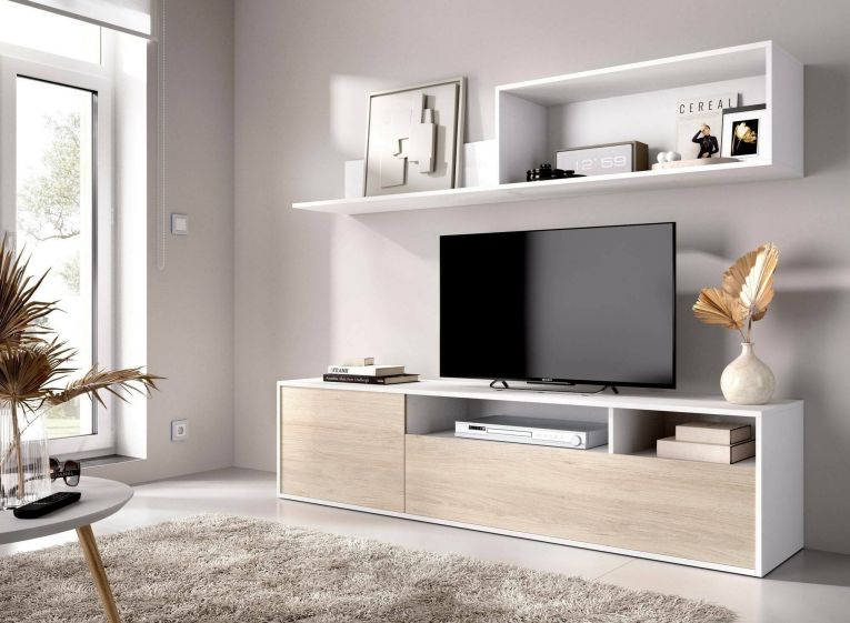 Parete attrezzata Gabberi, Composizione soggiorno, Mobile salotto multiuso, Armadio porta TV, 180x35 h44 cm, Bianco e Rovere