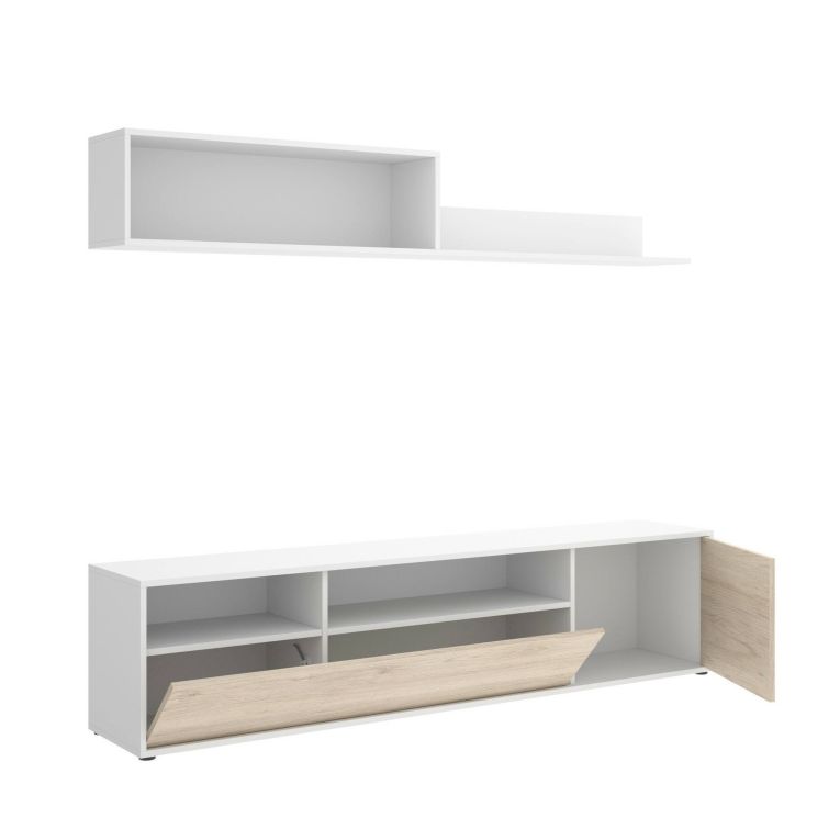Parete attrezzata Gabberi, Composizione soggiorno, Mobile salotto multiuso, Armadio porta TV, 180x35 h44 cm, Bianco e Rovere
