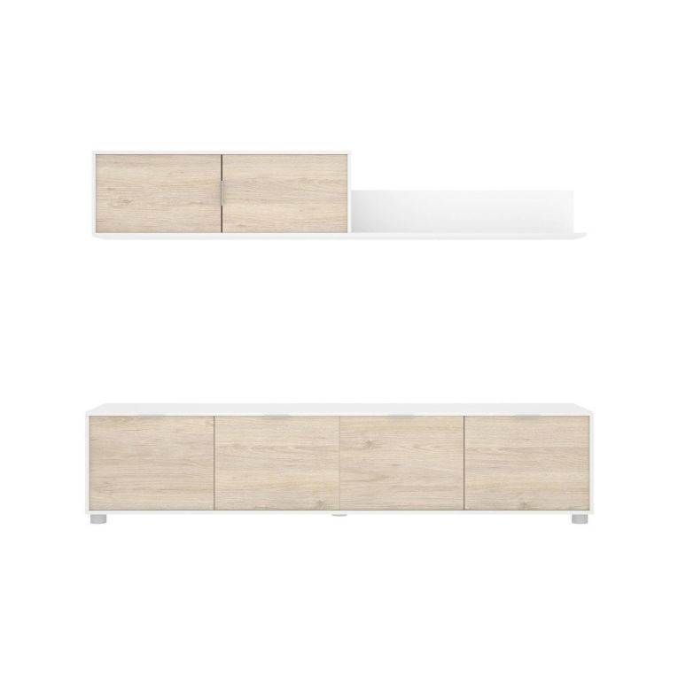 Parete attrezzata Galliner, Composizione soggiorno, Mobile salotto multiuso, Armadio porta TV, 200x40 h43 cm, Bianco e Rovere
