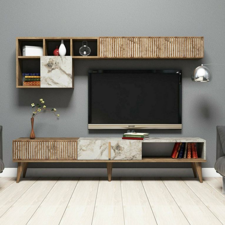 Parete attrezzata Gemini, Set da soggiorno modulabile, Mobile salotto multiuso, Armadio porta TV moderno, 180x35h40 cm, Noce e Bianco Marmo