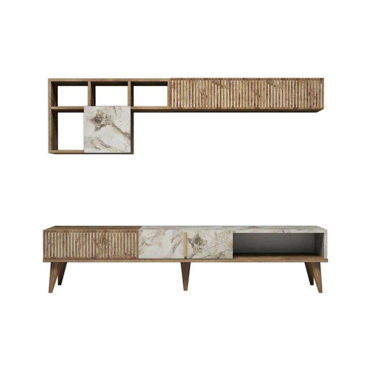 Parete attrezzata Gemini, Set da soggiorno modulabile, Mobile salotto multiuso, Armadio porta TV moderno, 180x35h40 cm, Noce e Bianco Marmo