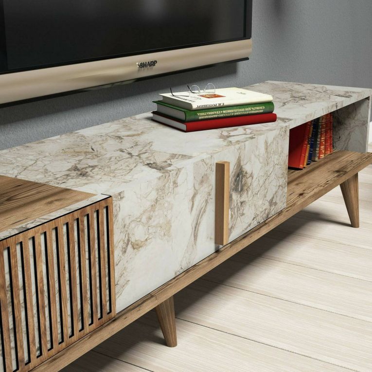 Parete attrezzata Gemini, Set da soggiorno modulabile, Mobile salotto multiuso, Armadio porta TV moderno, 180x35h40 cm, Noce e Bianco Marmo