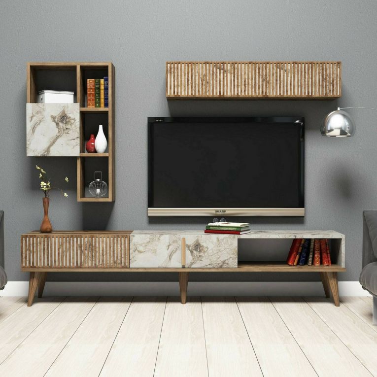 Parete attrezzata Gemini, Set da soggiorno modulabile, Mobile salotto multiuso, Armadio porta TV moderno, 180x35h40 cm, Noce e Bianco Marmo