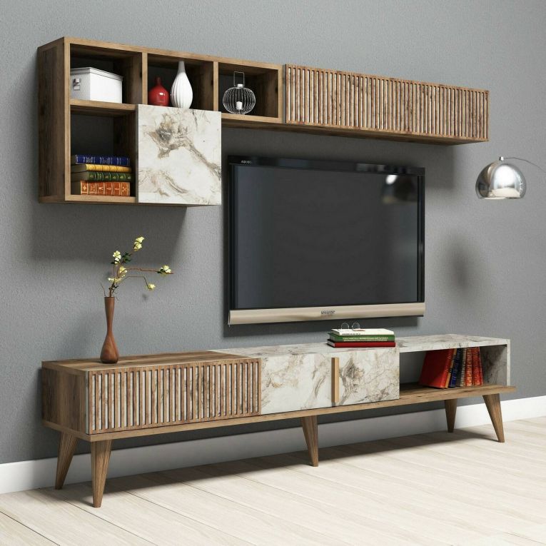 Parete attrezzata Gemini, Set da soggiorno modulabile, Mobile salotto multiuso, Armadio porta TV moderno, 180x35h40 cm, Noce e Bianco Marmo