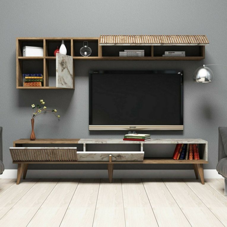 Parete attrezzata Gemini, Set da soggiorno modulabile, Mobile salotto multiuso, Armadio porta TV moderno, 180x35h40 cm, Noce e Bianco Marmo