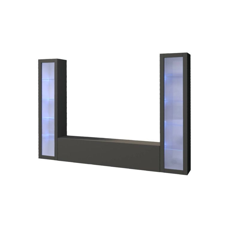 Parete attrezzata Gino, Set salotto porta TV a 3 ante, Mobile soggiorno multiuso con vetrina e luce LED, 100% Made in Italy, cm 260x30h180, Antracite