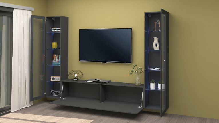 Parete attrezzata Gino, Set salotto porta TV a 3 ante, Mobile soggiorno multiuso con vetrina e luce LED, 100% Made in Italy, cm 260x30h180, Antracite