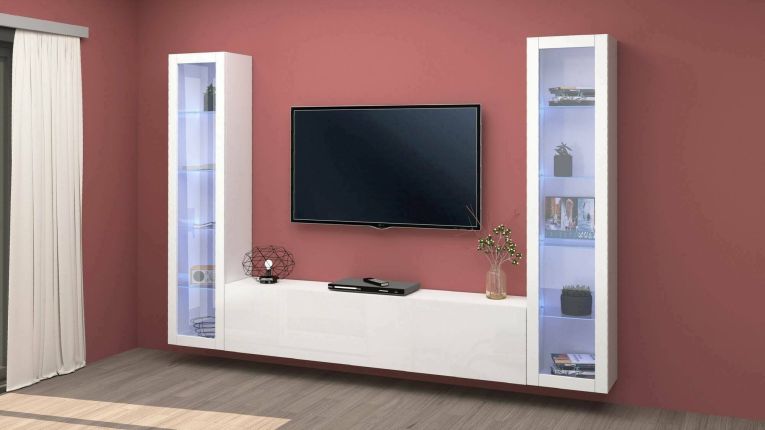 Parete attrezzata Gino, Set salotto porta TV a 3 ante, Mobile soggiorno multiuso con vetrina e luce LED, 100% Made in Italy, cm 260x30h180, Bianco lucido