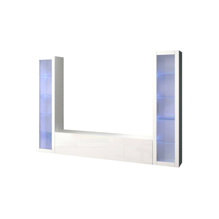 Parete attrezzata Gino, Set salotto porta TV a 3 ante, Mobile soggiorno multiuso con vetrina e luce LED, 100% Made in Italy, cm 260x30h180, Bianco lucido