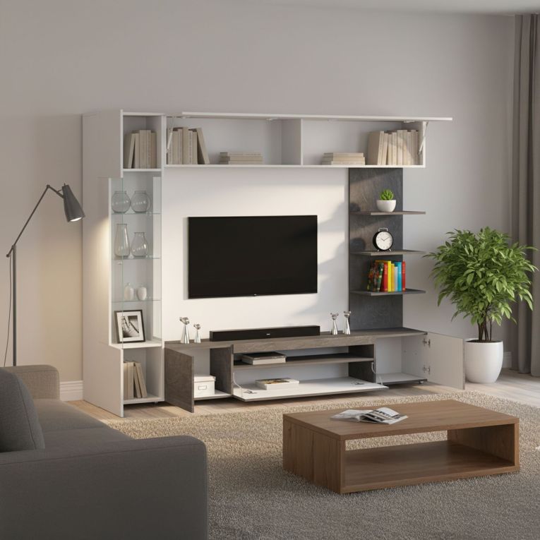Parete Attrezzata Grigio Ardesia Bianco Lucido 8 Ripiani 5 Ante 245x40x191.2h cm, Apertura Battente - Galatina