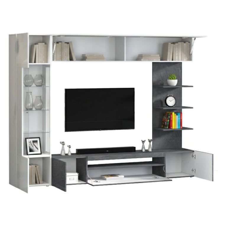 Parete Attrezzata Grigio Ardesia Bianco Lucido 8 Ripiani 5 Ante 245x40x191.2h cm, Apertura Battente - Galatina