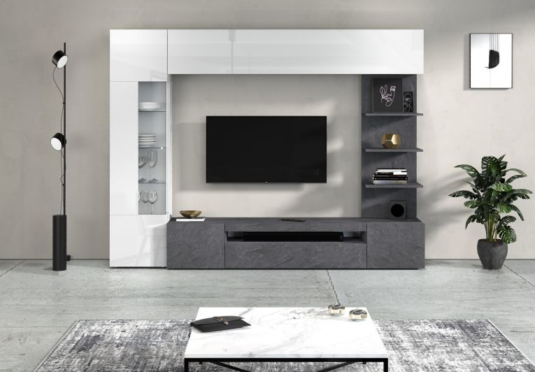 Parete Attrezzata Grigio Ardesia Bianco Lucido 8 Ripiani 5 Ante 245x40x191.2h cm, Apertura Battente - Galatina