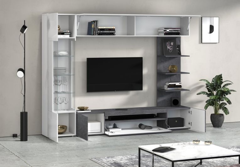 Parete Attrezzata Grigio Ardesia Bianco Lucido 8 Ripiani 5 Ante 245x40x191.2h cm, Apertura Battente - Galatina