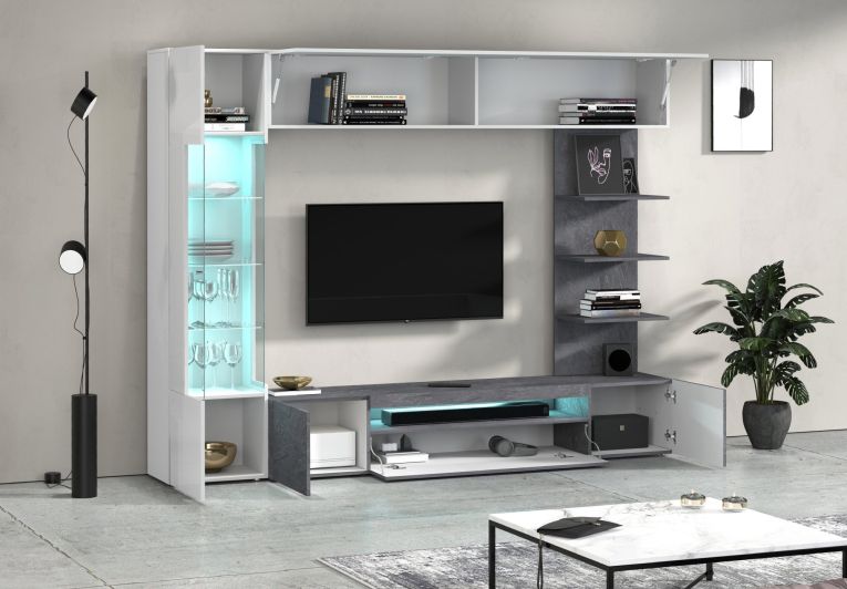 Parete Attrezzata Grigio Ardesia Bianco Lucido 8 Ripiani 5 Ante 245x40x191.2h cm, Apertura Battente - Galatina