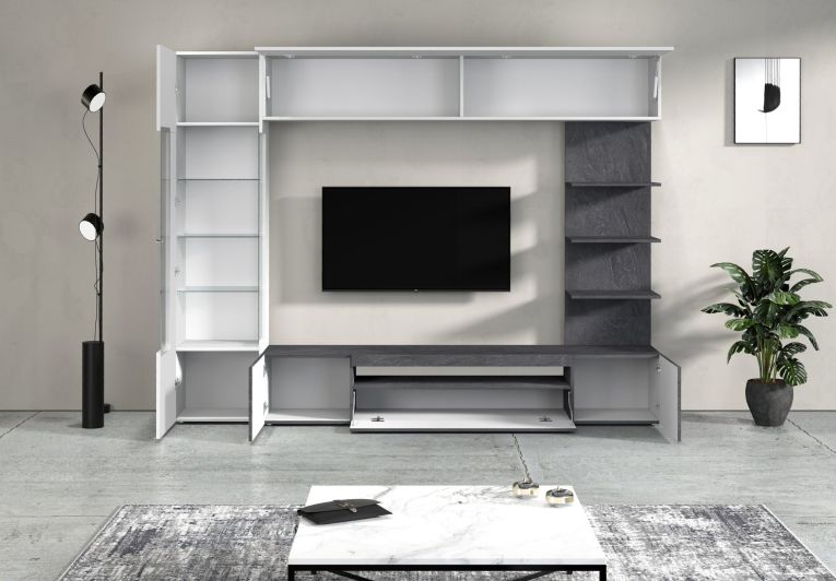 Parete Attrezzata Grigio Ardesia Bianco Lucido 8 Ripiani 5 Ante 245x40x191.2h cm, Apertura Battente - Galatina